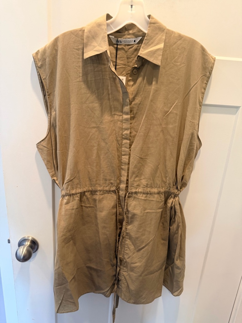 Zara NWT Tan Utility Shirt XS Button Front Minimalist Blouse